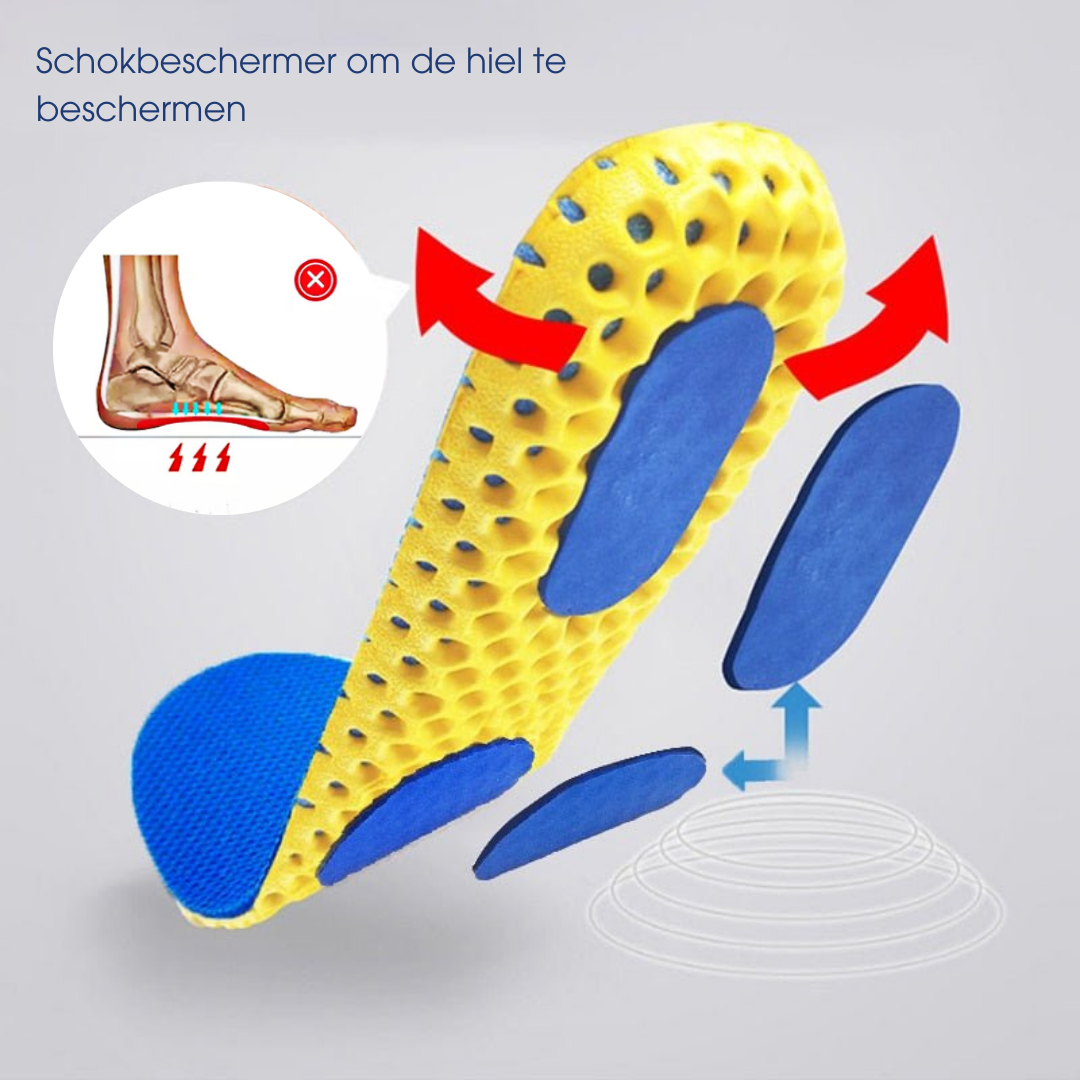 Gelbe orthopädische Einlegesohle mit blauen Polstern, stoßdämpfend, Fußschutz.