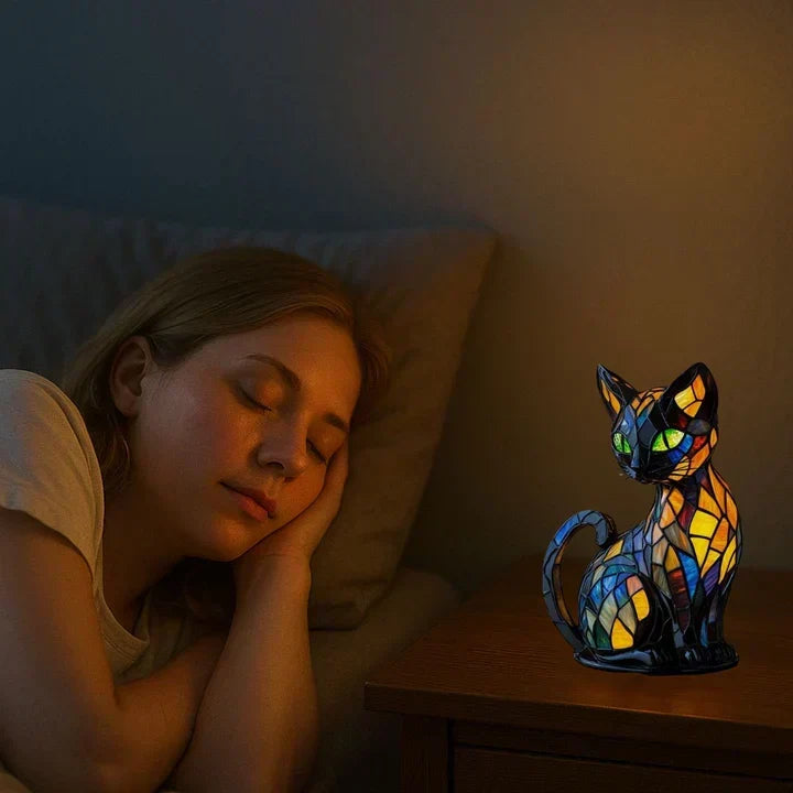 Katzenlampe als Nachtlicht auf dem Nachttisch neben einer schlafenden jungen Frau im Bett 5