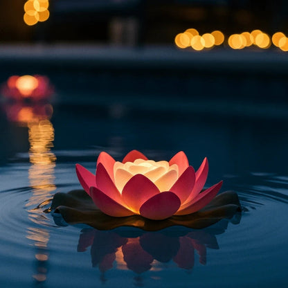 Rote Lotusleuchte mit warmem Licht schwimmt nachts auf ruhigem Wasser, Lichter im Hintergrund 9