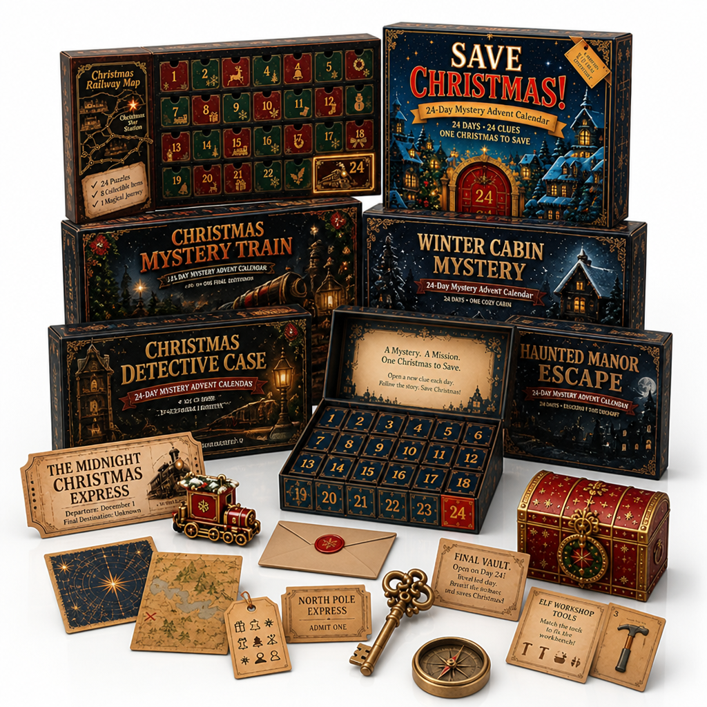 Alle sechs Themenboxen mit geöffnetem Kalender und Zubehör davor: Schlüssel, Schatztruhe, Kompass, Karten, Zugticket, Umschlag mit Siegel und Spielzeugzug. 4