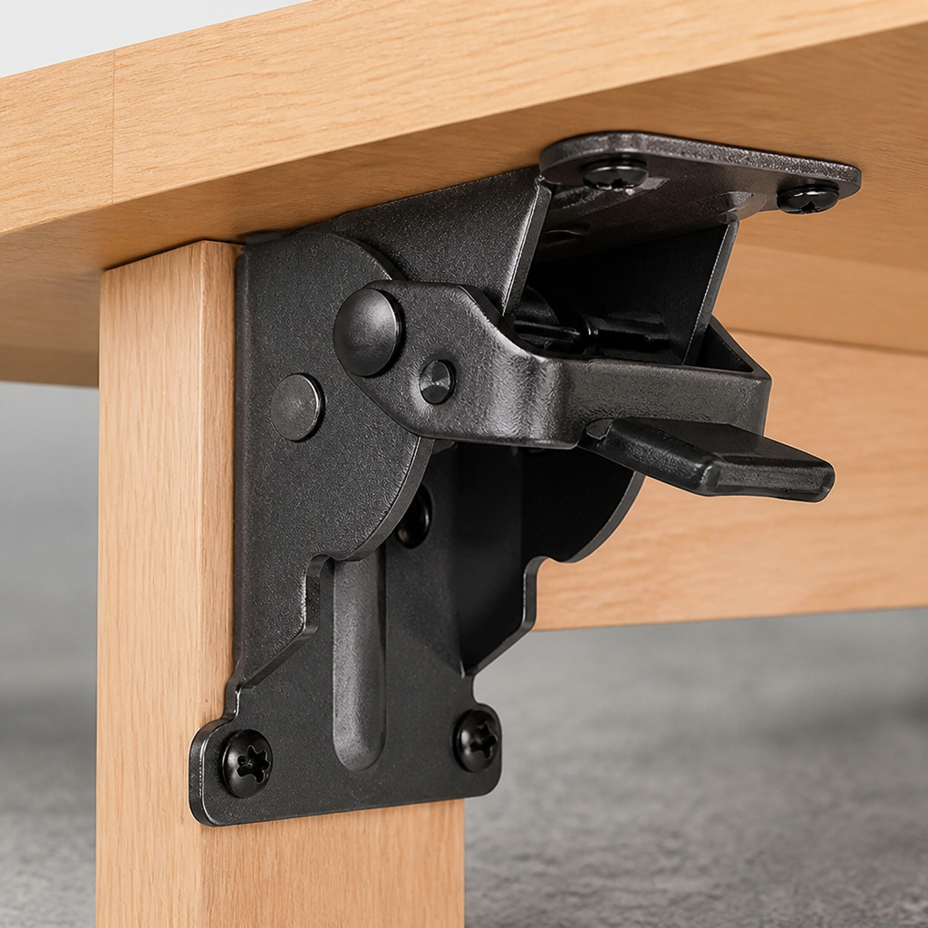 Schwarze Klapphalterung in ausgeklapptem Zustand, verschraubt zwischen hellem Holzbein und Tischzarge, mit abstehendem Entriegelungshebel. 4