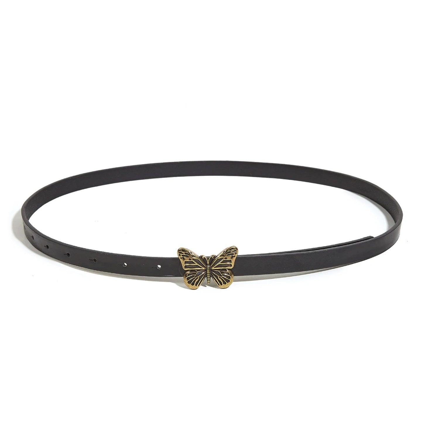 Schwarzer Ledergürtel mit goldener Schmetterlingsschnalle, modisches Accessoire für Damen.