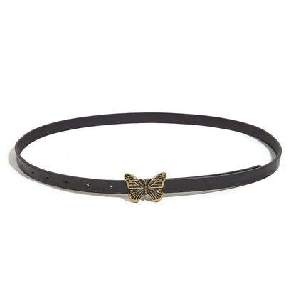 Schwarzer Ledergürtel mit goldener Schmetterlingsschnalle, modisches Accessoire für Damen.