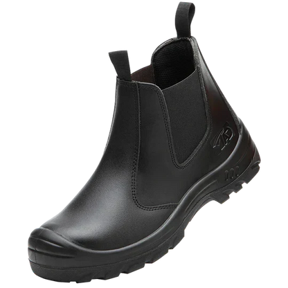 Einzelner schwarzer Slip-on-Stiefel mit verstärkter Kappe und profilierter Sohle, schräg von der Seite fotografiert 3