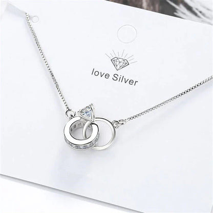 Silberkette mit Doppelring-Anhänger, Zirkonia, Damen-Schmuck, elegant, Geschenkidee.