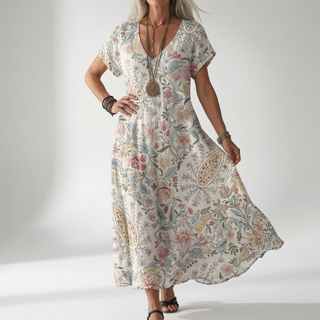 Frau trägt das Kleid in Cremeweiß mit zartem Blumen- und Paisleymuster in Rosa, Blau und Gelb, kombiniert mit langen Ketten. 1