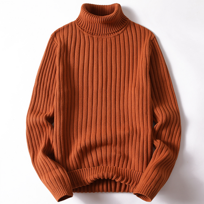 Brauner Rollkragenpullover aus Strick, geripptes Design, Herrenmode, Herbst-Winter-Kleidung.