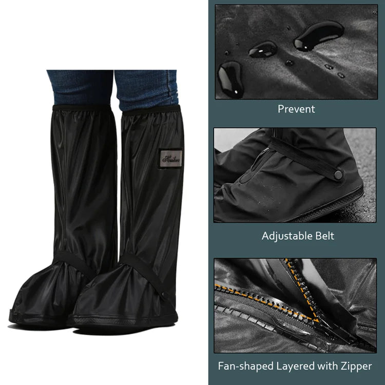 Schwarze wasserdichte Überschuhe mit Reißverschluss und verstellbarem Gürtel für Regenschutz.
