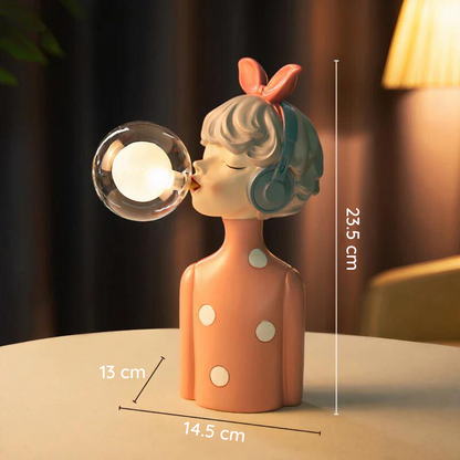 Keramiklampe Mädchenfigur mit Kopfhörern, rosa Kleid, 23,5 cm hoch, moderne Deko.
