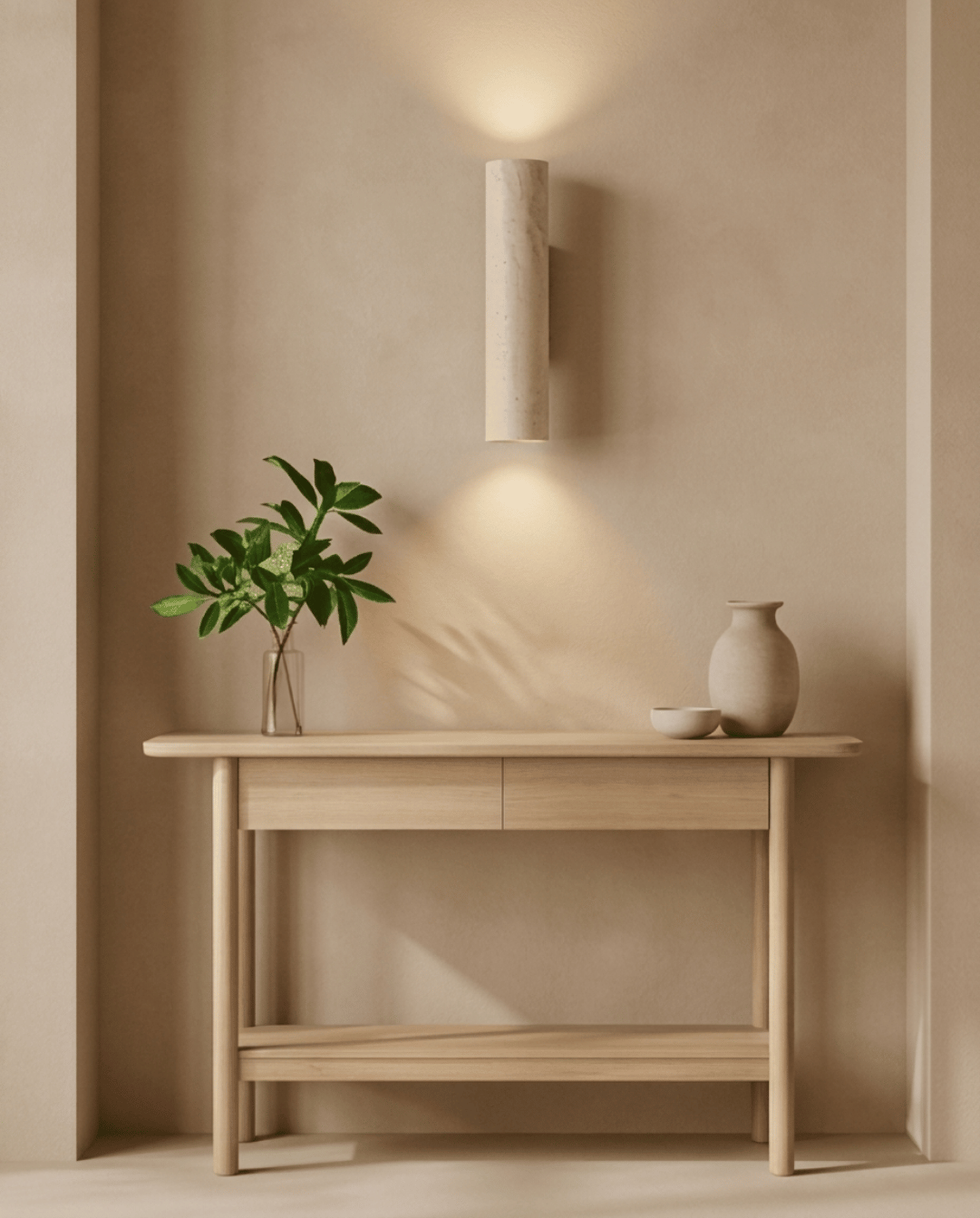 Leuchtende Travertin-Wandlampe über einem hellen Holz-Konsolentisch mit Pflanze und Keramikvase 3