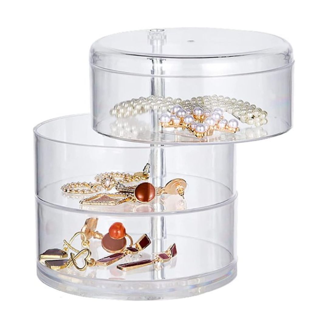 Klarer Acryl-Schmuck-Organizer mit drei Ebenen, ideal zur Aufbewahrung von Ohrringen und Armbändern.