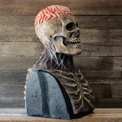 3D-Schädelmodell mit sichtbarem Gehirn, anatomische Dekoration, realistisch, Holzoptik.