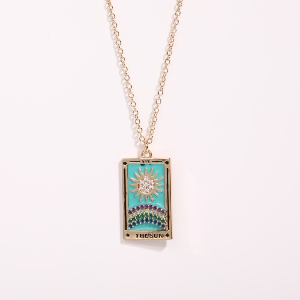 Goldene Halskette mit türkisfarbenem Anhänger, Sonnenmotiv, Damen-Schmuck, modisch.