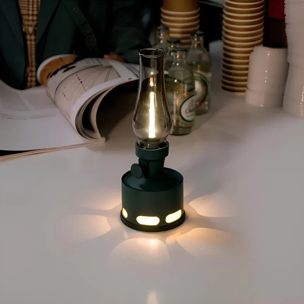 Moderne LED-Tischlampe in Dunkelgrün, vintage Design, ideal für stimmungsvolle Beleuchtung.