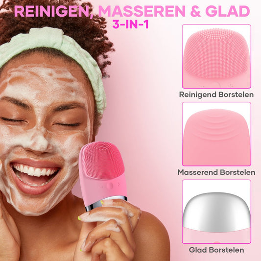Rosa 3-in-1 Gesichtsreinigungsbürste, Silikon, Massagefunktion, Hautpflegegerät.