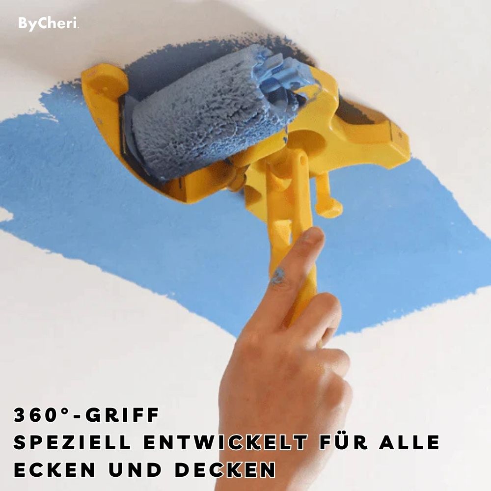 Gelbes Gerät mit blauer Walze am Deckenansatz, von unten gegriffen, damit der Winkel für Ecken und Decken drehbar bleibt. 6