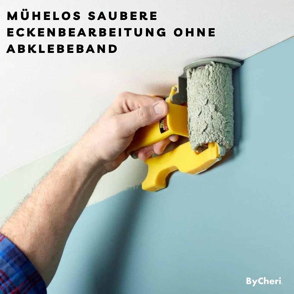 Hand führt das gelbe Gerät mit grauer Walze an der Deckenkante und trennt Weiß sauber von der hellblauen Wand. 2