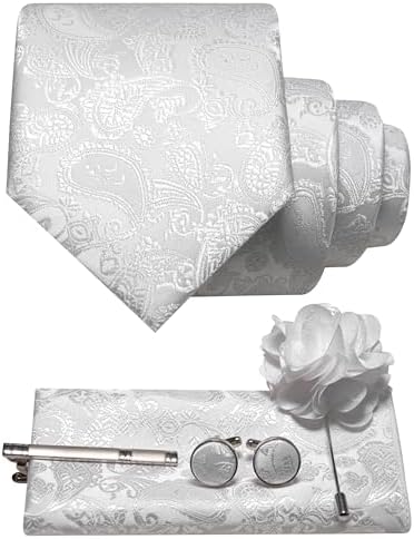 Set im Paisleymuster in Weiß und Silber mit Krawatte, Einstecktuch, Manschettenknöpfen, Krawattenclip und Blumenbrosche mit Nadel. 19