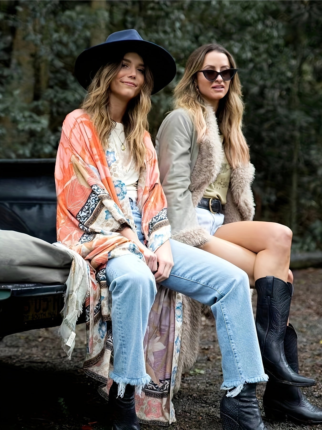 Zwei Frauen in modischer Herbstkleidung, Jeans, Cowboy-Stiefel, Hut, im Freien.