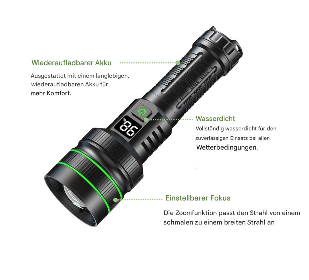 Wasserdichte LED-Taschenlampe, wiederaufladbar, einstellbarer Fokus, schwarz, Outdoor-Einsatz.
