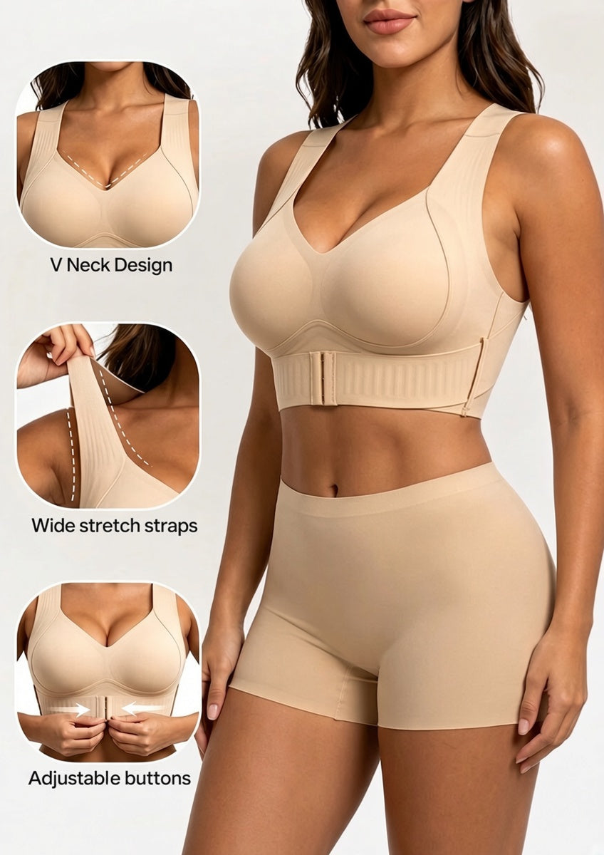 Beiger BH am Model mit Shorts, ergänzt durch drei Detailkreise zu V-Ausschnitt, breiten dehnbaren Trägern und verstellbarem Verschluss. 6