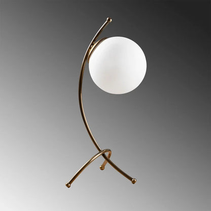 Moderne Tischleuchte Alistair, 43 cm, gebogenes Metall, weißer Glaslampenschirm.