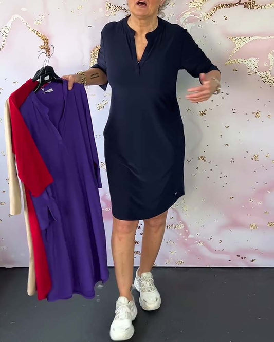 Stilvolles Damen Midikleid mit V-Ausschnitt & wandelbaren Ärmeln – Naria