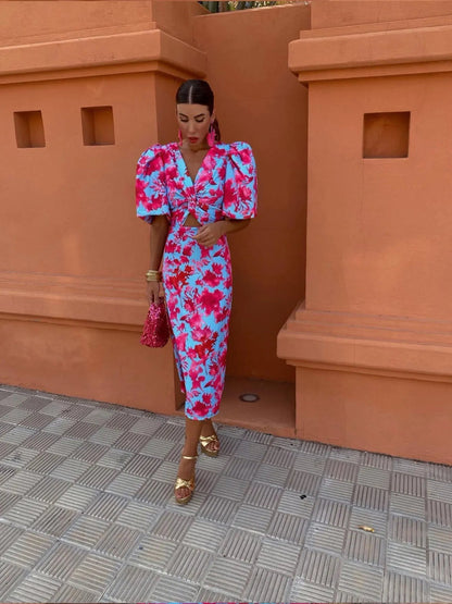 Farbenfrohes Damenkleid mit Plisseeärmeln & Komfortschnitt – Noelia