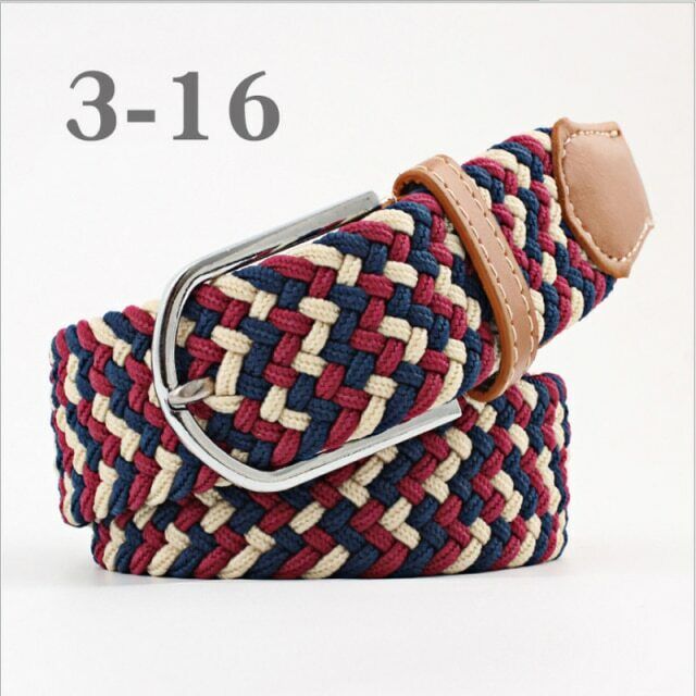 Geflochtener Gürtel, rot-blau-beige, elastisch, Metallschnalle, Unisex-Accessoire.