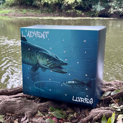 Blaue Kartonbox mit nummerierten Türchen und Hecht-Motiv, aufgestellt am Ufer eines Flusses zwischen Wurzeln und Laub 1