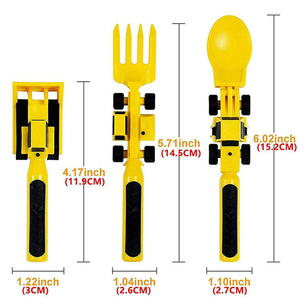Gelbes Kinderbesteck-Set in Baggerform, Gabel, Löffel, Schieber, Kunststoff, ergonomisch.