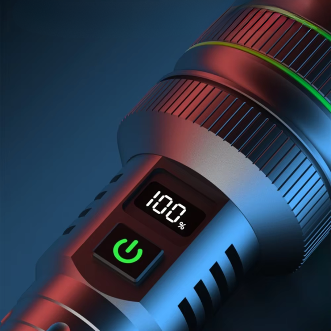 Taschenlampe mit digitalem Display, 100% Akku, Metallgehäuse, LED, blau-rot beleuchtet