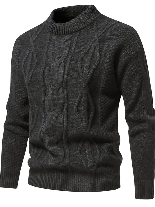 Dunkelgrauer Strickpullover, Zopfmuster, Herrenmode, warm, elegant, Winterkleidung.