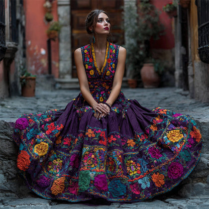 Das Maxikleid in Dunkellila mit bunter Blumenstickerei, getragen von einer sitzenden Frau vor einer rötlichen Hauswand. 3