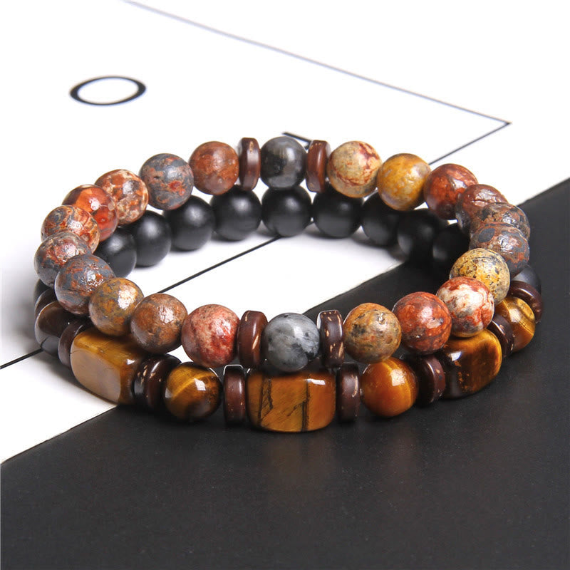 Zweifach Armband aus Natursteinperlen, braun und schwarz, für Herren, modisch und elegant.