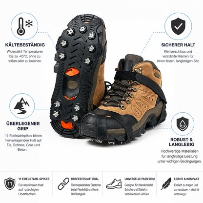 Infografik mit Stiefel und Sohle samt Eisgriffen, umgeben von Symbolen und Kurztexten zu den Produkteigenschaften 5