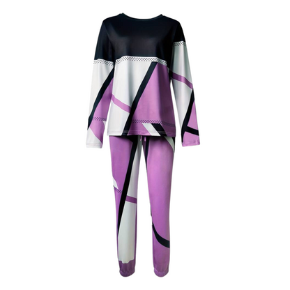 Damen Pyjama-Set, lila-schwarz-weiß, geometrisches Muster, langärmelig, bequem, Nachtwäsche.