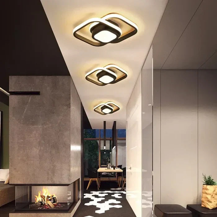 Moderne LED-Deckenleuchte im Wohnzimmer, quadratisches Design, warmweißes Licht, Innenbeleuchtung.
