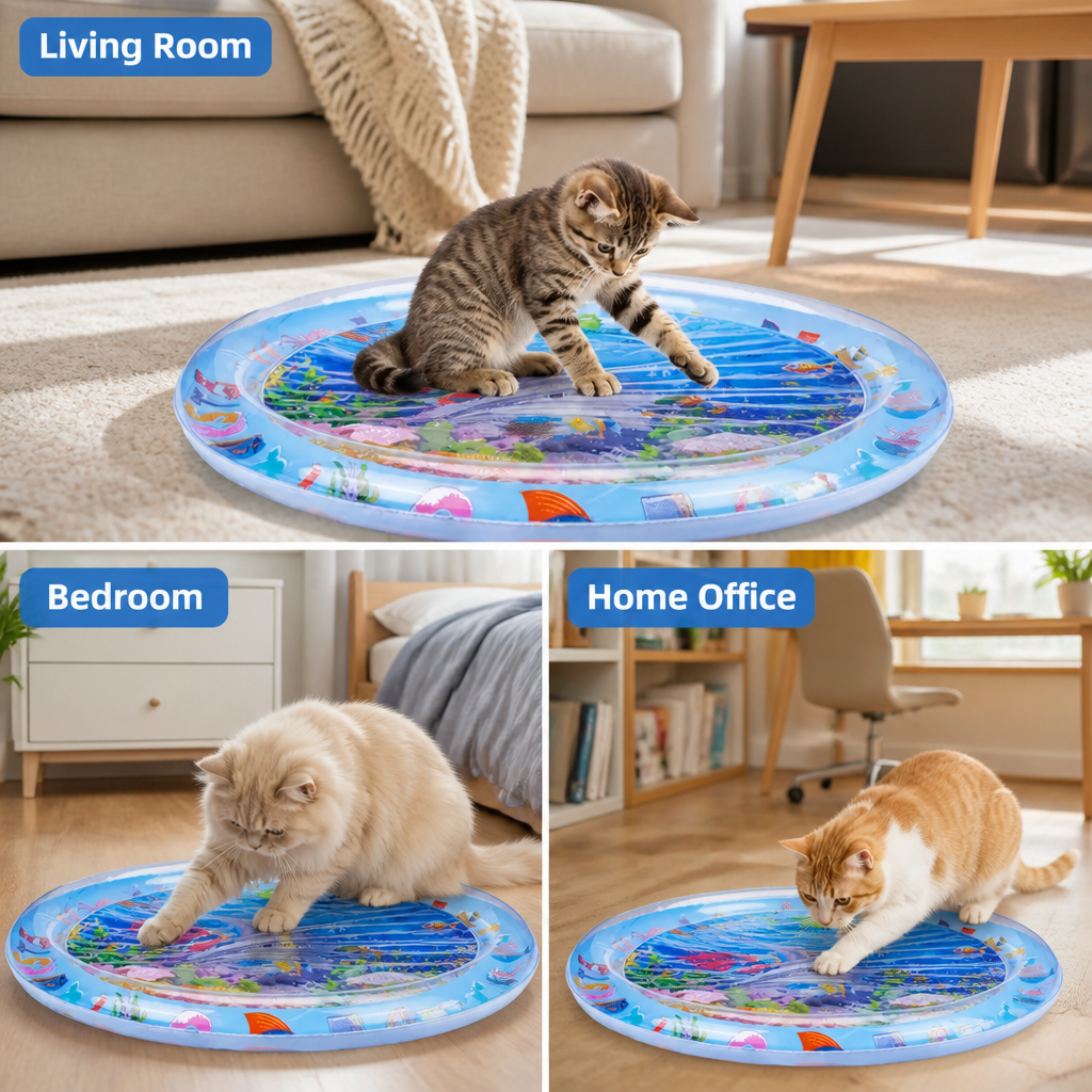 Drei Katzen spielen auf der runden Wassermatte in verschiedenen Räumen: Wohnzimmer, Schlafzimmer und Homeoffice. 5