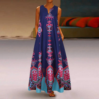 Damen Maxikleid, ärmellos, blau, ethnisches Muster, Sommermode, Freizeitkleidung.