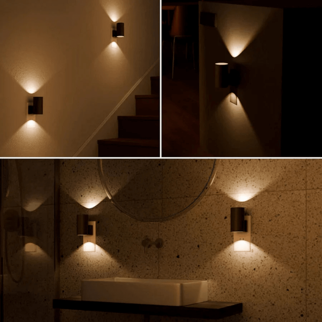 Dreiteilige Collage: Leuchten im Dunkeln an einer Treppe, in einem Flur und über einem Waschbecken 3