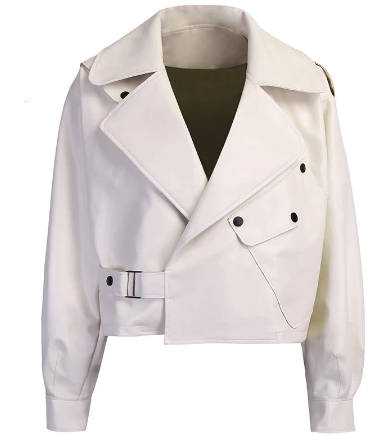 Weiße Damen-Lederjacke, asymmetrischer Schnitt, modisch, mit Gürtel und Knöpfen.