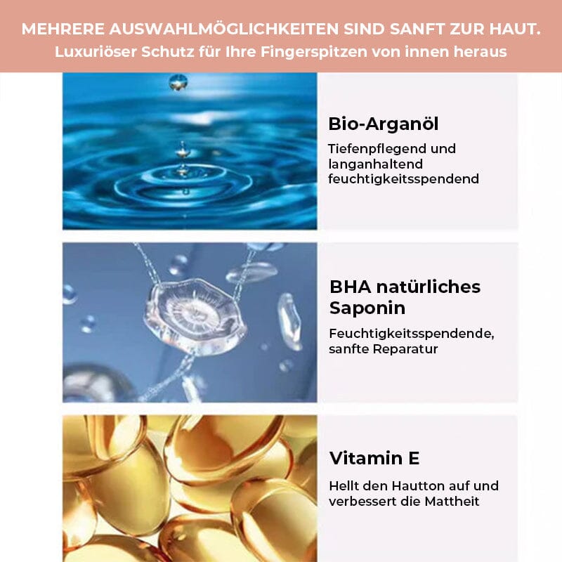 Infografik zu drei Inhaltsstoffen mit Wassertropfen, Wirkstoffbläschen und goldenen Vitamin-Kapseln auf rosa Kopfzeile 4