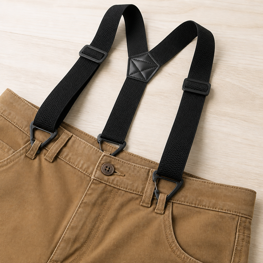 Schwarze Hosenträger in Y-Form mit dreieckigen Metallclips an den Bund einer beigen Hose geklippt, auf hellem Holz. 4