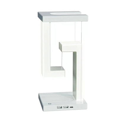 Moderne weiße LED-Tischlampe mit USB-Anschlüssen, minimalistisches Design, energiesparend.