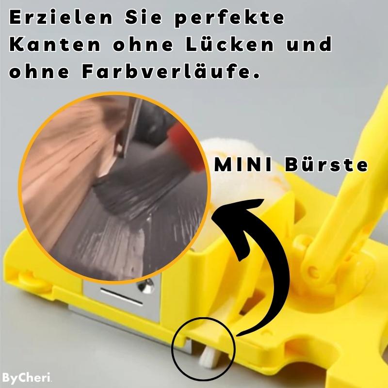 Nahaufnahme der gelben Gerätebasis mit kleiner Bürste unten, dazu ein runder Ausschnitt, der das Streichen einer Holzkante zeigt. 3