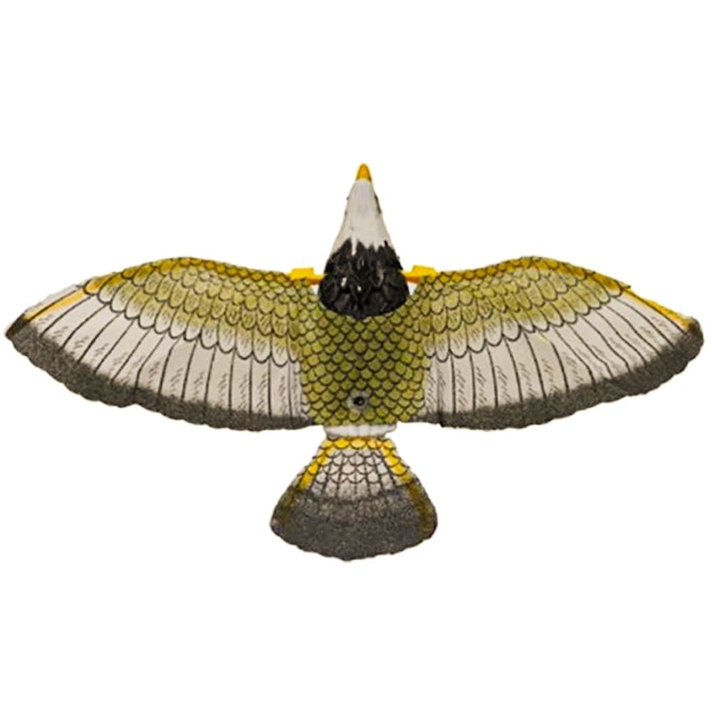 Falkenattrappe zur Vogelabwehr, realistisch, gelb-grau, Kunststoff, Garten, Vogelschutz.