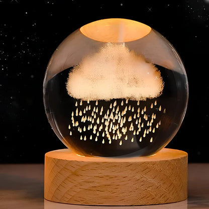Kristallkugel mit Regenwolke, LED-Beleuchtung, Holzsockel, dekorative Tischlampe, Nachtlicht.