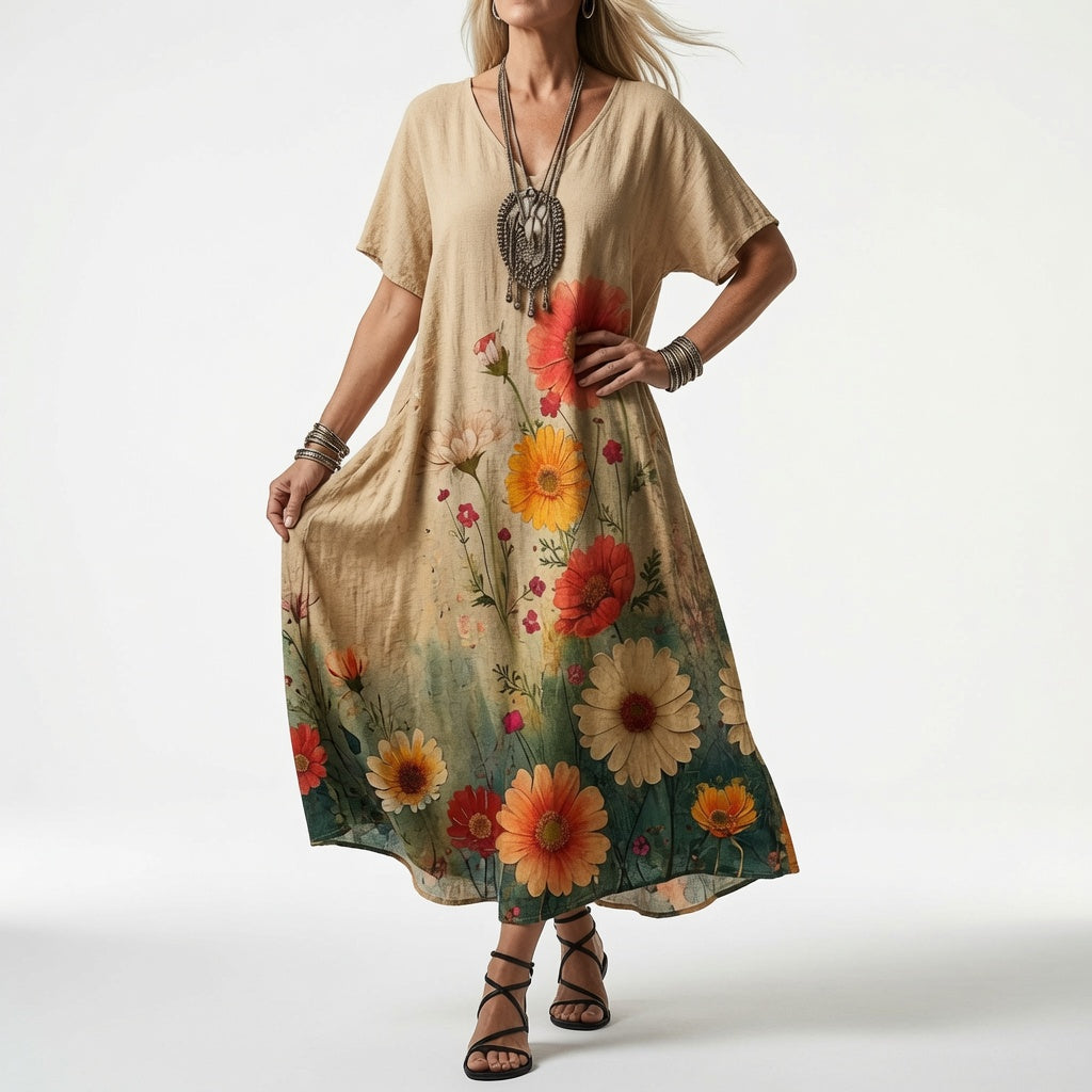 Frau im sandfarbenen Kleid mit großen orangefarbenen und roten Blumen, die zum Saum hin in Grün übergehen. 3