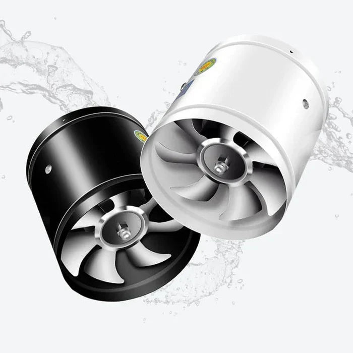 Schwarzer und weißer Inline-Lüfter, leise, energieeffizient, für Belüftungssysteme.
